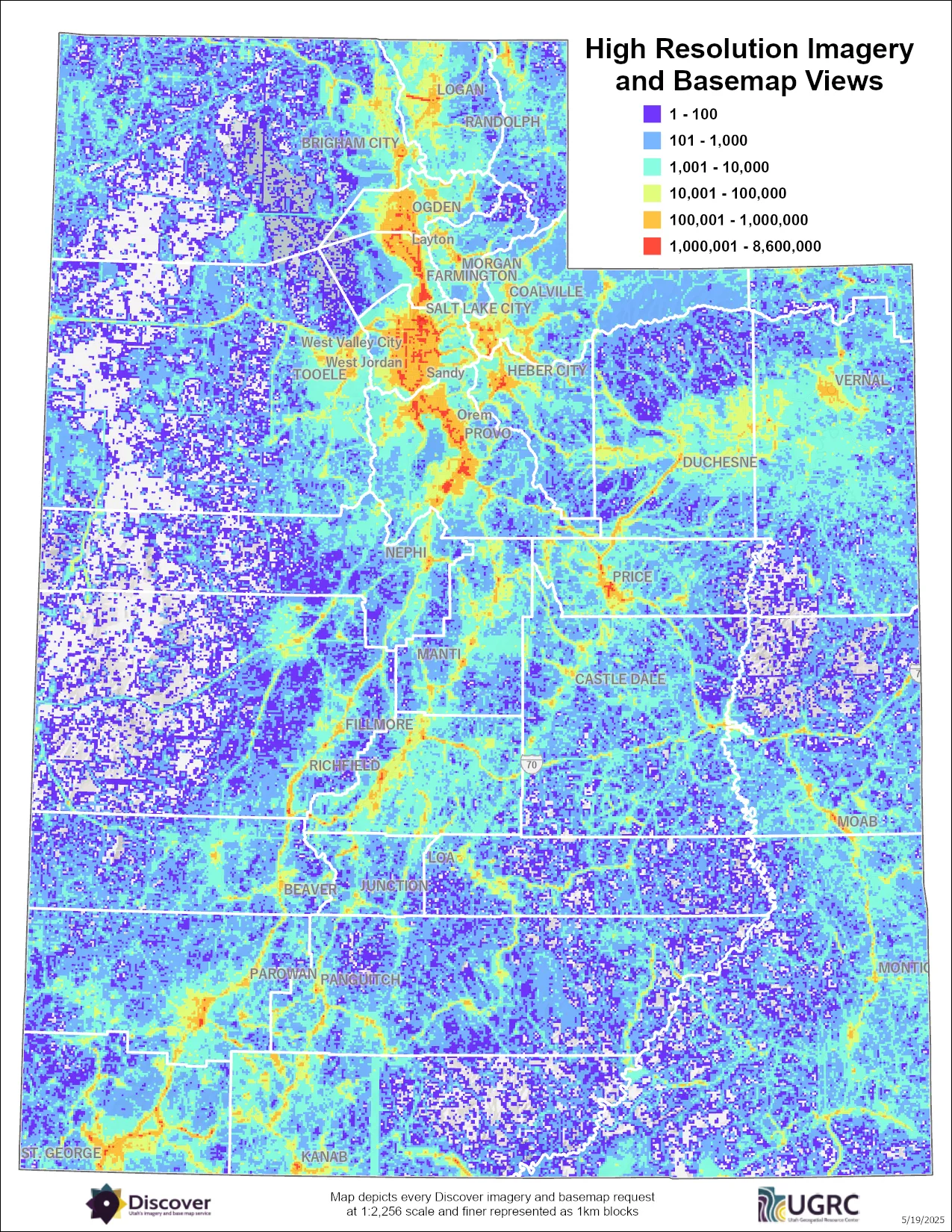 The majority of imagery tiles accessed through Discover have been along the Wasatch Front, but there is still significant usage all throughout Utah.